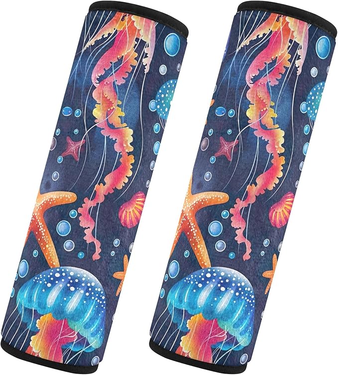 CHIFIGNO 2Pcs Colorful Jellyfish and Starfish Car Seat Belt Covers Soft Seatbelt Pads Seatbelt Shoulder Pad for Car Bag