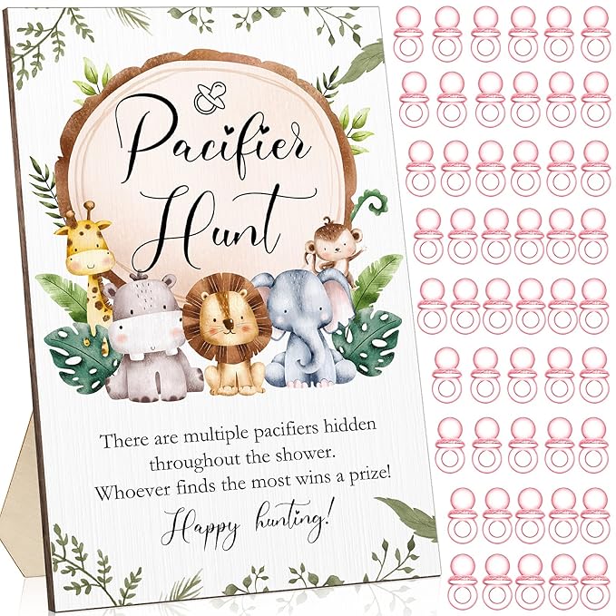 Roowest 51 Pcs Pacifier Hunt BabyShower Games Include Wooden Hunt Sign and 50 Acrylic Mini Plastic Pacifiers for BabyShower Game Decoration Gift Sets Gender Reveal Party