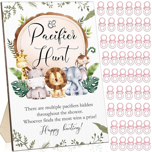 Roowest 51 Pcs Pacifier Hunt BabyShower Games Include Wooden Hunt Sign and 50 Acrylic Mini Plastic Pacifiers for BabyShower Game Decoration Gift Sets Gender Reveal Party