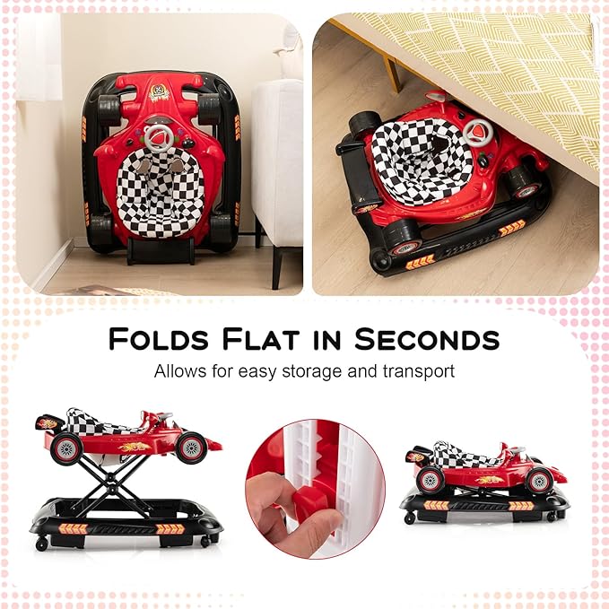 HONEY JOY Baby Walker, 4-in-1 Foldable Infant Activity Push Walker, Toddler Car Walker w/Adjustable Heights, Music, Lights, Removable Tray, Baby Walker with Wheels for Boys Girls 7-14 Months (Red)