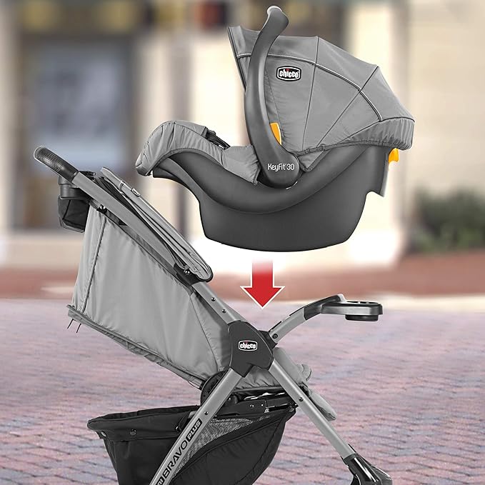 Chicco Mini Bravo Plus Travel System, Mini Bravo Plus Stroller with KeyFit 30 Infant Car Seat and Base, Slate/Grey