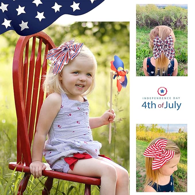4th of July Hair Bows for Girls, Large Patriotic Fable Bow Handmade American Flag Hair Clips Independence Day Hair Accessories for Little Girls Toddlers Kids (Pattern A)