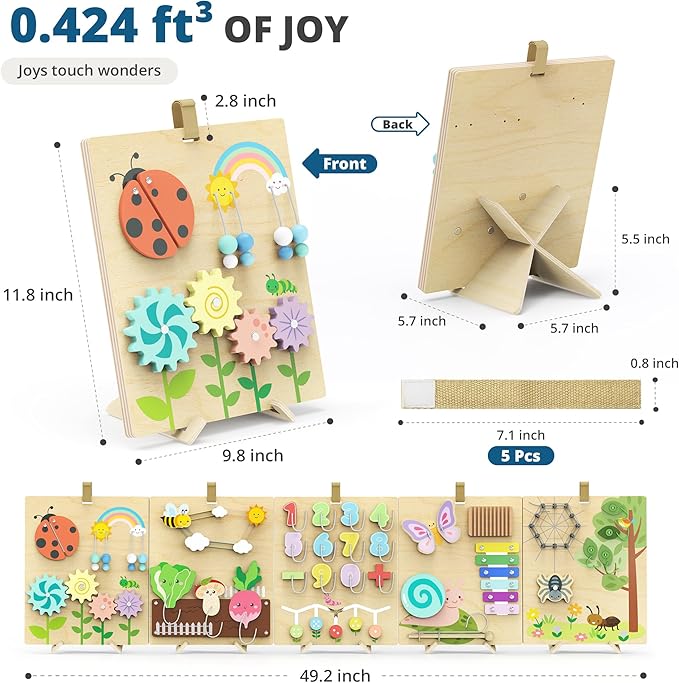 BlueWood Wooden Busy Board for Toddlers, 14-in-1 Montessori Philosophy Educational Toy, Activity Center Made from Basswood, No Drilling, Easy to Carry & Store
