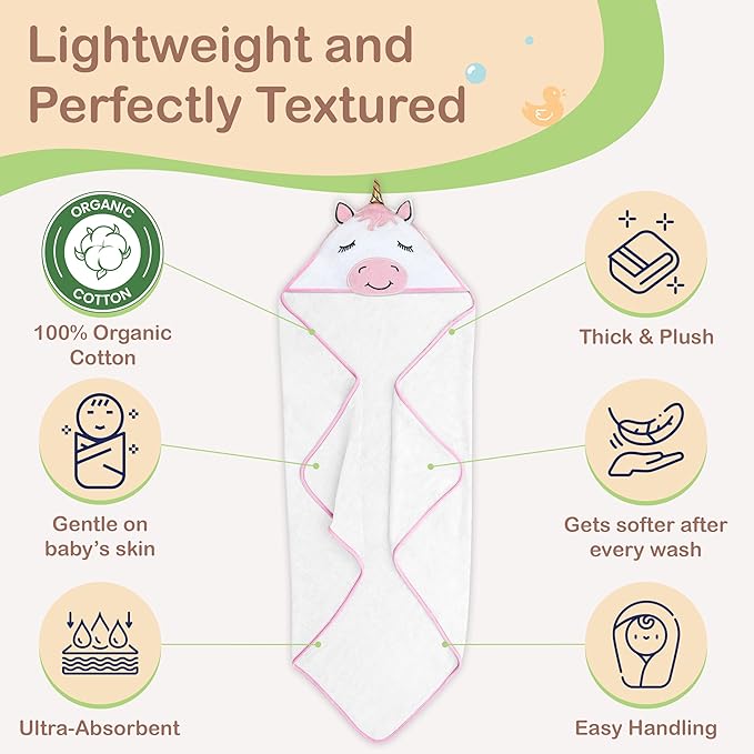 Mother's Choice 100% Organic Cotton Hooded Baby Towels - Large Size, Ultra-Soft & Absorbent Baby Towels with Hood for Newborns, Infants, Toddlers, Boys & Girls with Animal Hood (Unicorn)