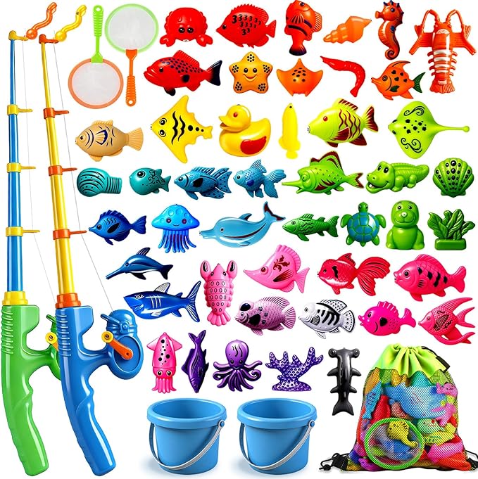 CozyBomB™ Magnetic Fishing Toys Game Set for Kids | Water Table Bathtub Kiddie Pool Party Pole Rod Net, Outdoor Plastic Floating Fish, Toddler Bath Color Ocean Sea Animals Easter Gift Age 3-5 6 4-8