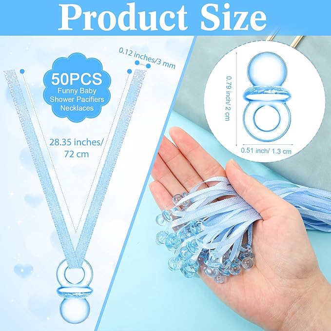 Geetery 51 Pcs Don't Say Baby Game Sign Cool Baby Shower Game 50 Pacifier Necklace Wooden Don't Say Sign Plastic Pacifier Party Favor for Gender Reveal(Animal,Blue)