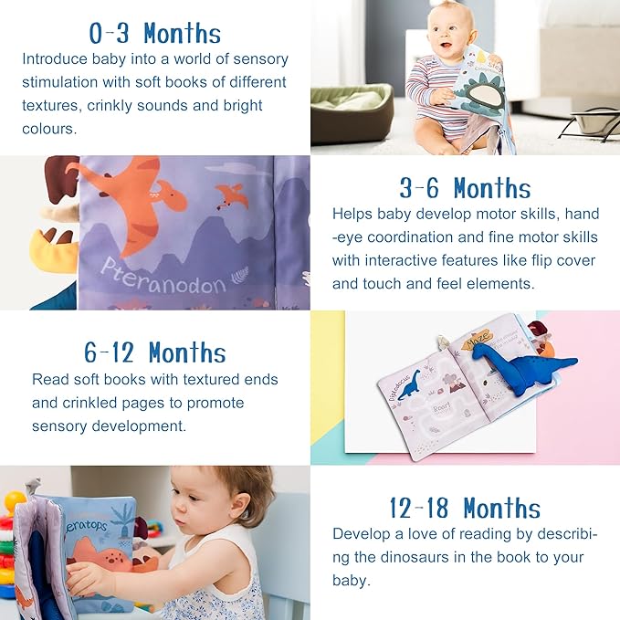 Richgv Baby Books Toys 0-6-12 Months, Baby Boy Gifts Touch and Feel Crinkle Books with Dino Doll, Newborn Infant Carseat Toys 6-9-12 Months Shower Gifts Easter Basket Stuffers