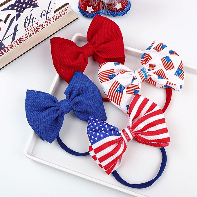 4th of July Baby Headband Set - Patriotic Hair Bows and Nylon Headband for Newborns and Toddler Girls - 4Pcs Red American Flag Design