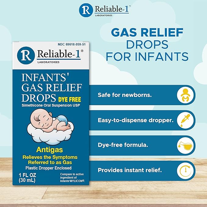 Reliable-1 Laboratories Infants Gas Relief Drops Stomach Relief Gas Drops for Babies, Infants and Toddlers | Simethicone Baby Gas Relief | Safe for Newborns, Dye Free Formula | 1 Fl Oz