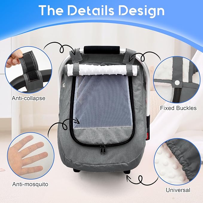 Carseat Covers Baby Boy, Waterproof Baby Car Seat Cover with 2 Layers Mesh & Sun Shade Window, Outdoor Infant Car Seat Canopy with Breathable Vents for Summer, Ideal Gift for Mom, Newborn Essentials