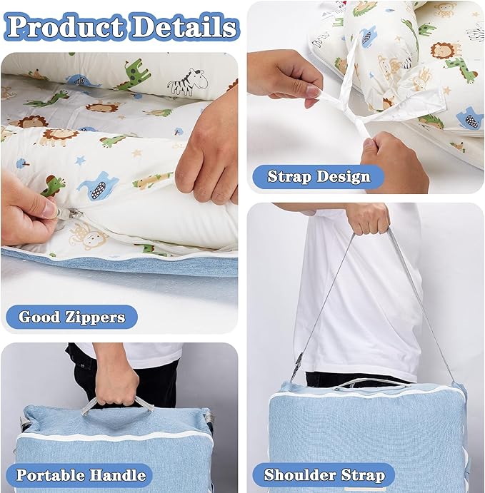 Baby Lounger for Newborn-Portable Baby Lounger 0-24 Months for Home and Travel,Newborn Loungers with Strap, Baby Nest Lounger Adjustable Size,Animal World Blue
