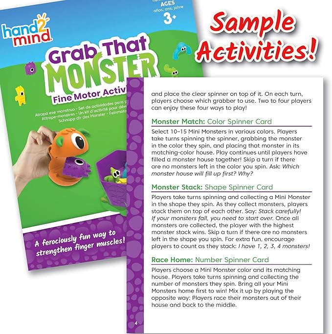 hand2mind Grab That Monster Fine Motor Activity Set, Occupational Therapy Toys, Pincer Grasp Fine Motor Skills Toys for Toddlers 3-4, Play Therapy Games for Kids, Preschool Learning Activities