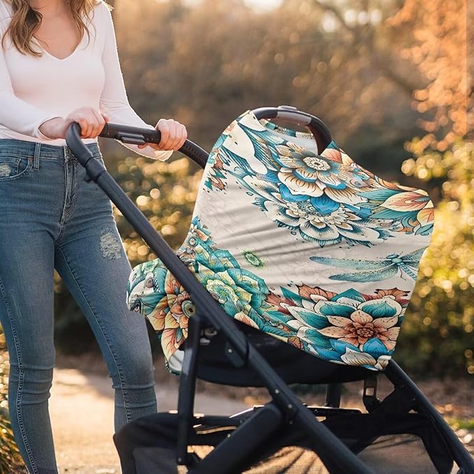 ZFRXIGN Boho Dragonfly Car Seat Covers for Baby Girls Nursing Cover Scarf Infant Stroller Cover Multi Use Soft Stretchy Carseat Canopy Baby Car Seat Cover Western Flower
