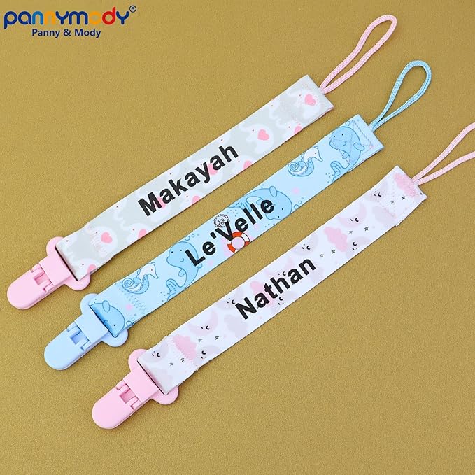 4 Pcs Personalized Dummy Strap Clip, Customized Pacifier Clip Dummy Holder Straps with 4 Silicone Adapter, Soother Chains Clips Fit All, Soothers, Teething Toys, Baby Essentials (Blue)