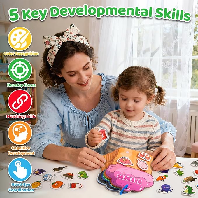 QEF Montessori Busy Book, Color Sorting Toys for Toddlers 2-4, 12 Color Themes Educational Preschool Learning Activities Toys Book with 48 Cartoon Sticker, Sensory Matching Games for Kids