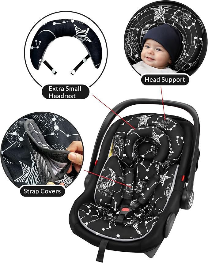Tinlyfinly Infant Car Seat Insert with Removable Cushion for Preemie to Toddler, Reversible Newborn Carseat Insert for Baby Head Body Support, Fits for Stroller, Baby Swing, Bouncer (Black Star)