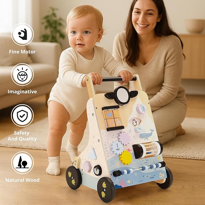 PairPear Wooden Baby Walker, 9 in 1 Montessori Push Walker Baby Push Toys with Activity Center for Boys Girls Learning to Walk, Sit-to-Stand, for 1 Year Old and Up