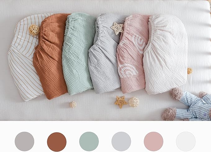 Meracorallo Muslin Mini Crib Sheet, Pack n Play Fitted Sheet, Soft and Breathable Pack and Play Playard Mattress Sheet for Baby Boys and Girls (Fog)