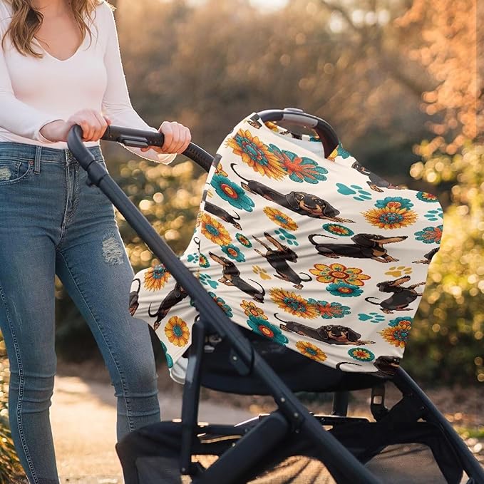 AFPANQZ Boho Flower Dachshund Stretchy Baby Car Seat Nursing Breastfeeding Cover Kit Super Breathable Multiuse Infant Carseat Canopy Stroller Cover Scarf for All Seasons Girl Boy Baby