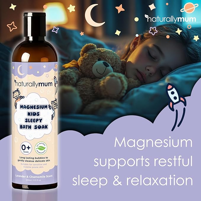 NaturallyMum Kids Magnesium Sleepy Bath Soak - Bubble Bath - All-Natural & Calming - Suitable for Newborns with Dry & Sensitive Skin - Lavender & Chamomile Essential Oils – Made in UK - 8.8fl oz