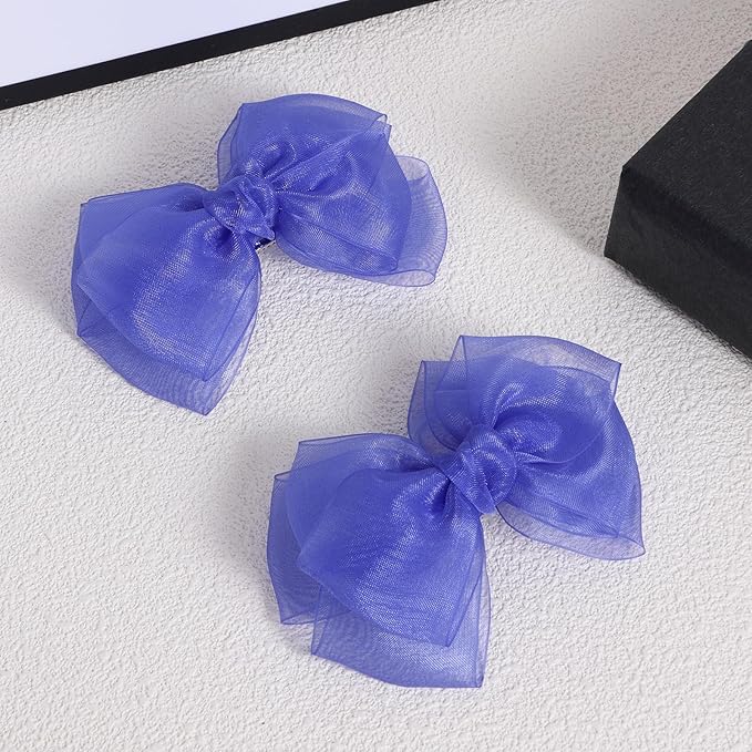 Royal Blue Ribbon Hair Bows 4" Mesh Organza Hair Bow Clips Barrettes Ponytail Holder Wedding Party Dress Decor Accessories for Women Girls Toddlers Teens Kids