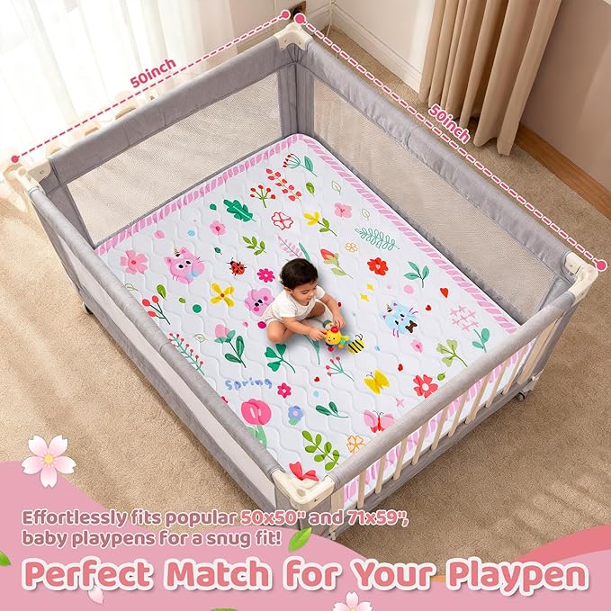 RONGFA Baby Play Mat for Floor, 50'' x 50'' Thicken Foam Soft Padded Mat for Baby, Playpen Mat for Toddlers Infant Kids, Machine Washable, Non-Slip Bottom Safe for Crawling (Flower)