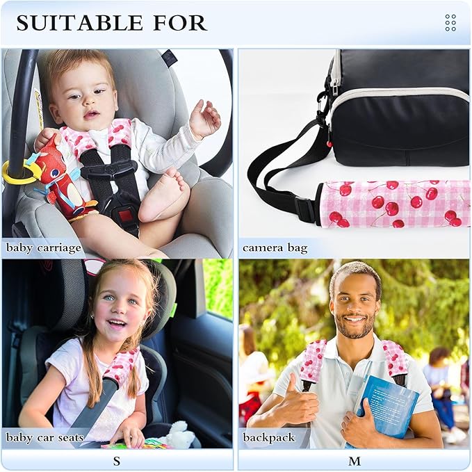 2 Pack Seatbelt Covers Seat Belt Cover Pad for Adults Boys Girls Car Seat Strap Covers Pads Cushion Universal Shoulder Strap Pad Protector for Backpack Camera Bag 10x7.7Inch Pink Juicy Checkered Cherr