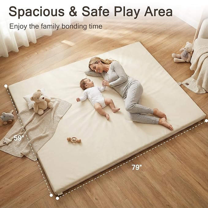 Vegan Leather Baby Play Mat, 79x59 Thicken Foam Play Mat for Infants and Toddlers, Padded & Cushioned Playpen Mat for 79x59 Playpens, 1.2" Thick, Cream