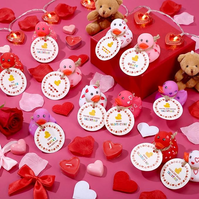 Jerify 12 Pcs 2 Inch Valentines Ducks for Kids Classroom Exchange Gifts Valentine's Day Rubber Ducks with Gifts Cards Mini Heart Rubber Duckies Valentines Party Favors Toys, 6 Styles (Colorful)