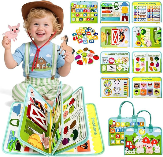 Aurasys Busy Book for Toddlers - Farm Montessori Toys Busy Board for Boy Girl Gifts Educational Learning Activity Book Toddler Airplane Travel Toy Birthday Gift