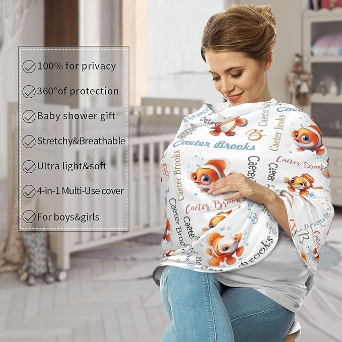 Personalized Baby Car Seat Cover with Name Stroller Canopy Custom Clownfish Carseat Cover Newborn Baby Boy Girl Nursing Cover for Moms First Birthday Gift