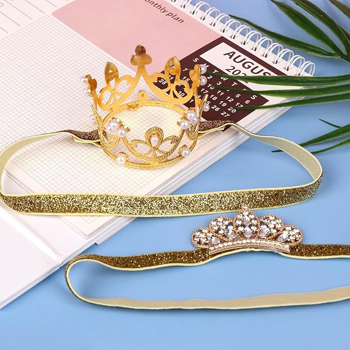 2PCS Gold Baby Tiara Glitter Baby Crown Headband Crystal Crown Hair Belt for Little Girl Infant Princess Tiaras Birthday Elastic Hair Band for Photography Headband Props