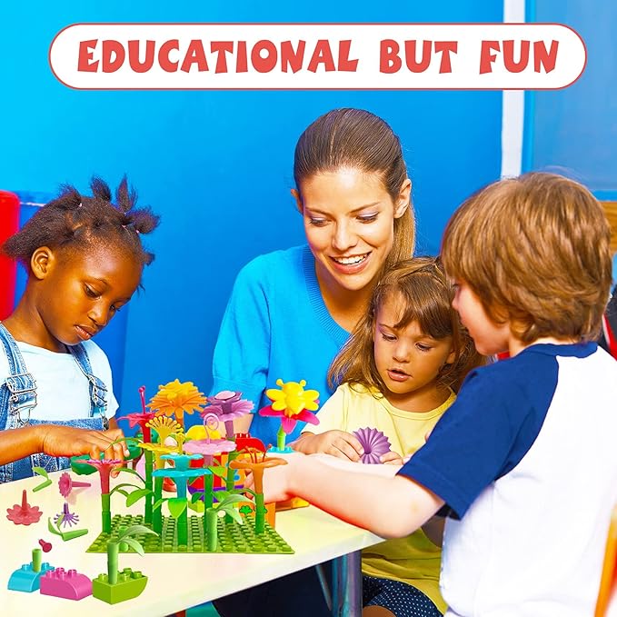 IQKidz 3-6 Years Old Toddler Toys - Flower Garden Building Toy with Insect Pegs, Educational Activity Gifts for Girls Preschool-Kindergarten, 153Pcs STEM Stacking Pretend Play Set