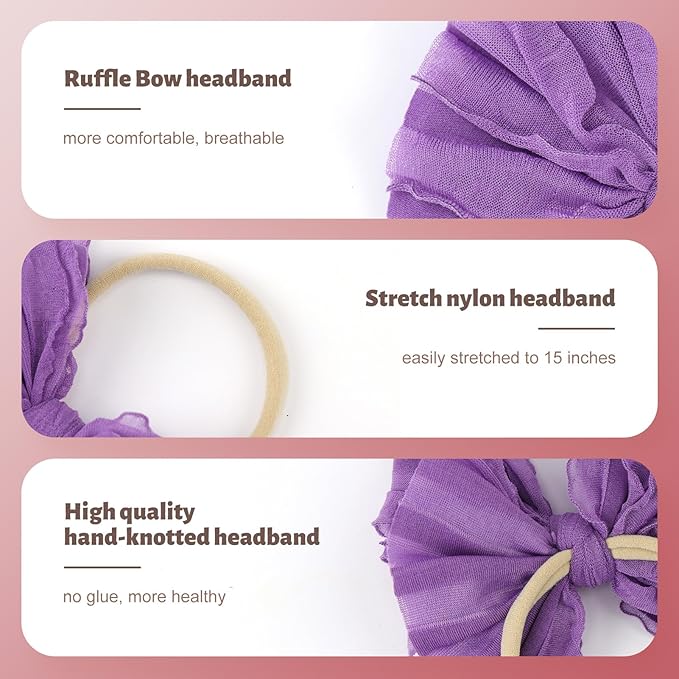 YanJie Girls Newborn Ruffled Lace Headbands - Soft Nylon Elastics, Handmade Hairbands and Accessories for Infants and Toddlers (Khaki, Wine Red, Rose, Blue, Purple)