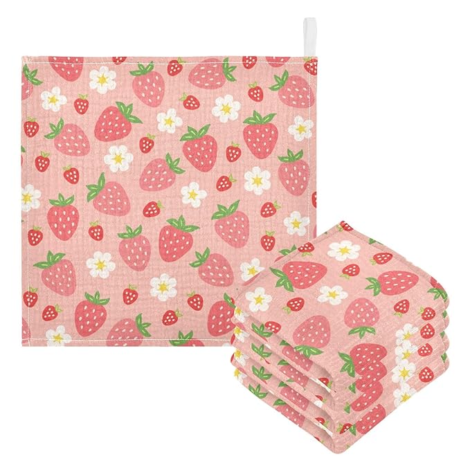 Moudou Strawberry Baby Muslin Washcloths 3 Pack, Absorbent Soft Cotton Baby Bath Face Towels Burp Cloths for Newborn Boys Girls, 12 x 12 Inch