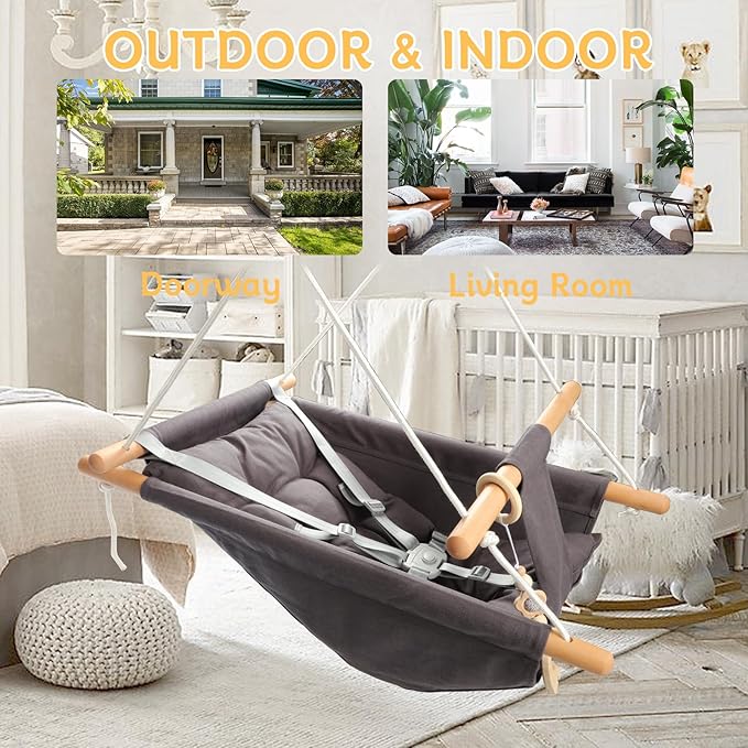 Baby Swing Outdoor Indoor for Infants to Toddlers, Portable Adjustable Baby Porch Swing with 5-Point Safety Belt, Kids Tree Hanging Chair Toys for Door Garden Backyard