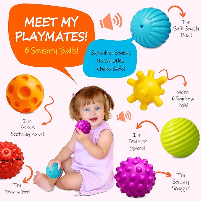 Baby Balls for Toddlers 1-3, Bath Toys for Babies 6-12 Months, Infant Soft Sensory Balls Set, Montessori Bathroom Shower Teether Gift for Boys Girls 6 Pack