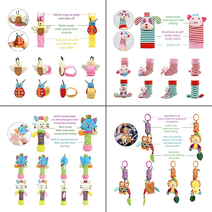 Bloobloomax Baby Soft Hanging Rattle, Wrist Rattle and Hand Foot Rattle Toy, Car Seat Stroller Toys with Plush Animal C-Clip Ring for Infant Babies Boys and Girls 3 6 9 to 12 Months (12PCS-G)