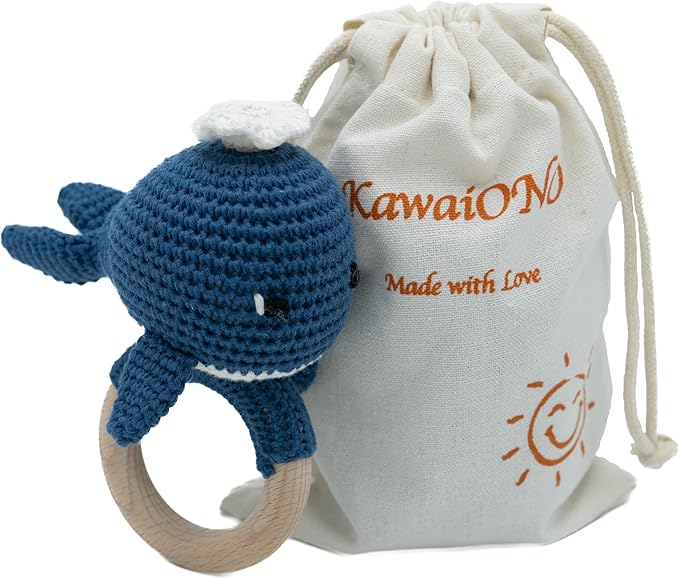 Handmade Cotton Crochet Amigurumi Rattle - Educational Baby Stuff for New Moms, Stuffed Animals for Infants, Baby Boy Stuff - Blue Whale with Wooden Handle - Perfect for Newborns and Toddlers