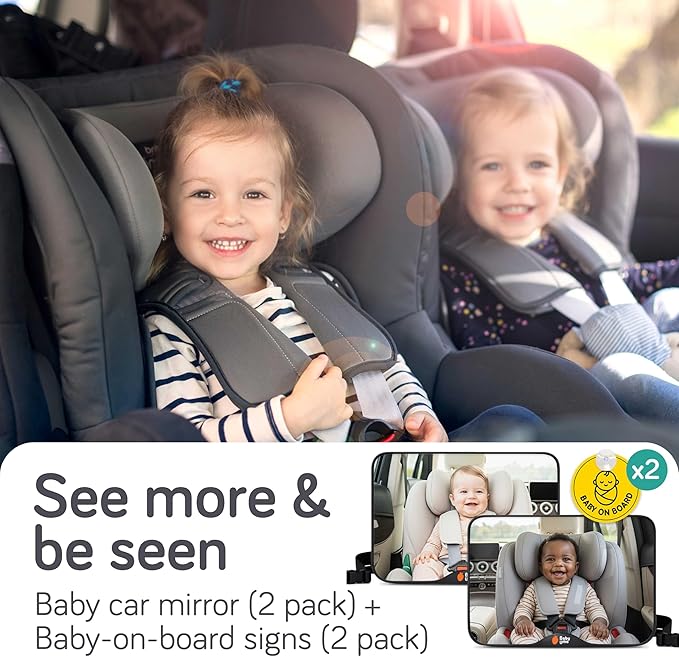 Baby Uma Baby Car Mirror (2 Pack) + Baby On Board Signs for Car - Clear-View Shatterproof Mirror, Easy On 'n Off with Stay-Put Buckles, Newborn Essentials (9.4 x 6.4 in)
