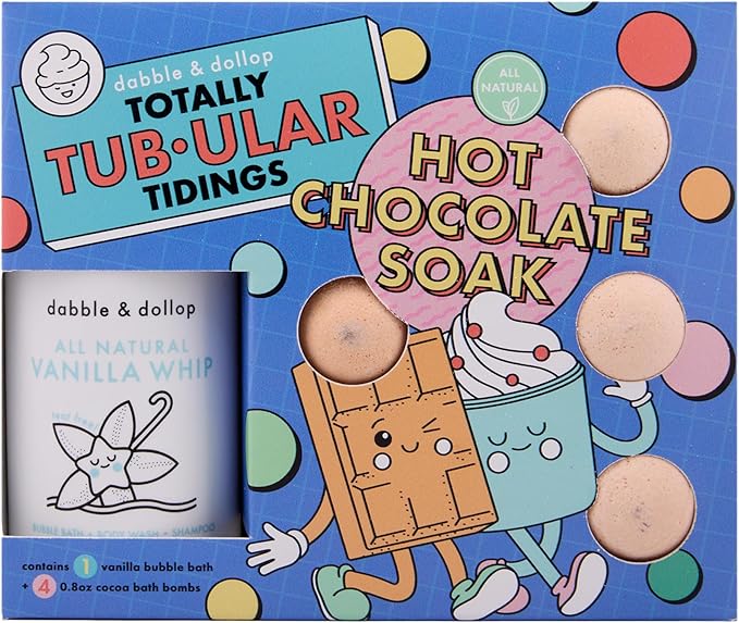 Dabble & Dollop Hot Chocolate Soak - Kids Bath Bomb & Bubble Bath Set – Cocoa Bath Bombs and Vanilla Whip 3-in-1 Shampoo, Body Wash & Bubble Bath (5-Piece Set)