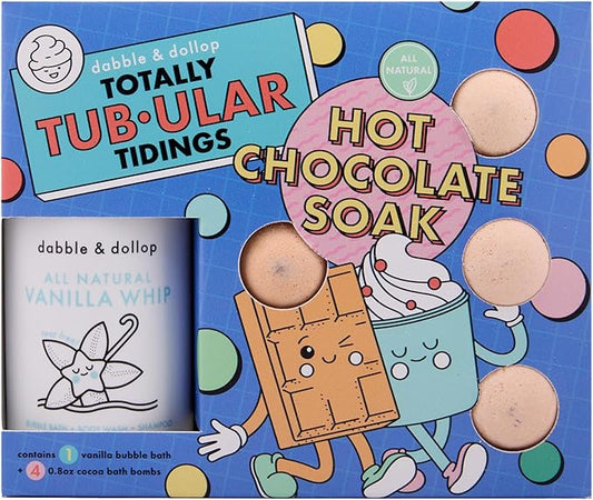 Dabble & Dollop Hot Chocolate Soak - Kids Bath Bomb & Bubble Bath Set – Cocoa Bath Bombs and Vanilla Whip 3-in-1 Shampoo, Body Wash & Bubble Bath (5-Piece Set)