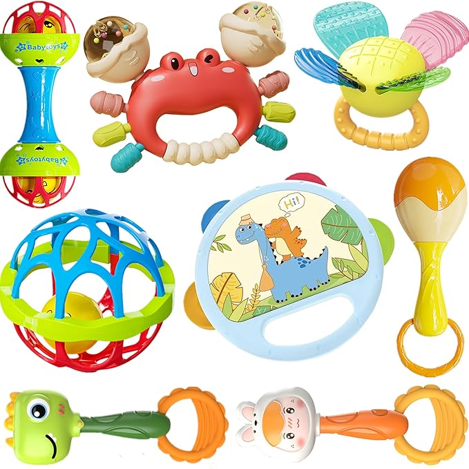 8pcs Baby Rattles Toys Set for 3+ Months,Easy-Grasp Ball,Plastic Ringdrum,Barbell Rattles,Shakers and Teethers,BPA-Free,Lightweight,Unisex,Baby Gift