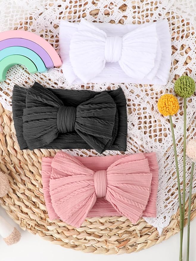 DRESHOW BQUBO Handmade Baby Headbands Soft & Stretchy Hair Bands with Bows Nylon Bows Hairbands for Girls Newborn Infant Toddlers Hair Accessories 3 pack