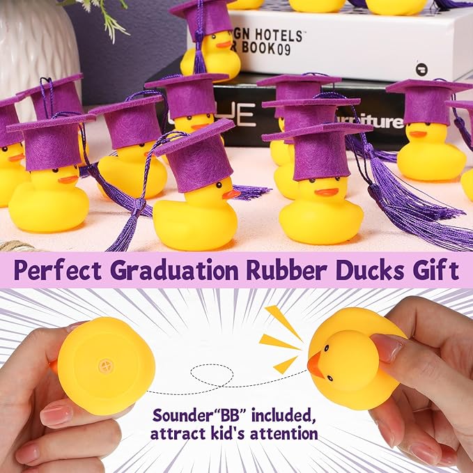Jerify 48 Pcs Graduation Rubber Ducks with Grad Cap 2026 Diploma Grad Rubber Duck Graduation Party Bath Pool with Storage Bag for Student Gifts Party Favor(Purple)