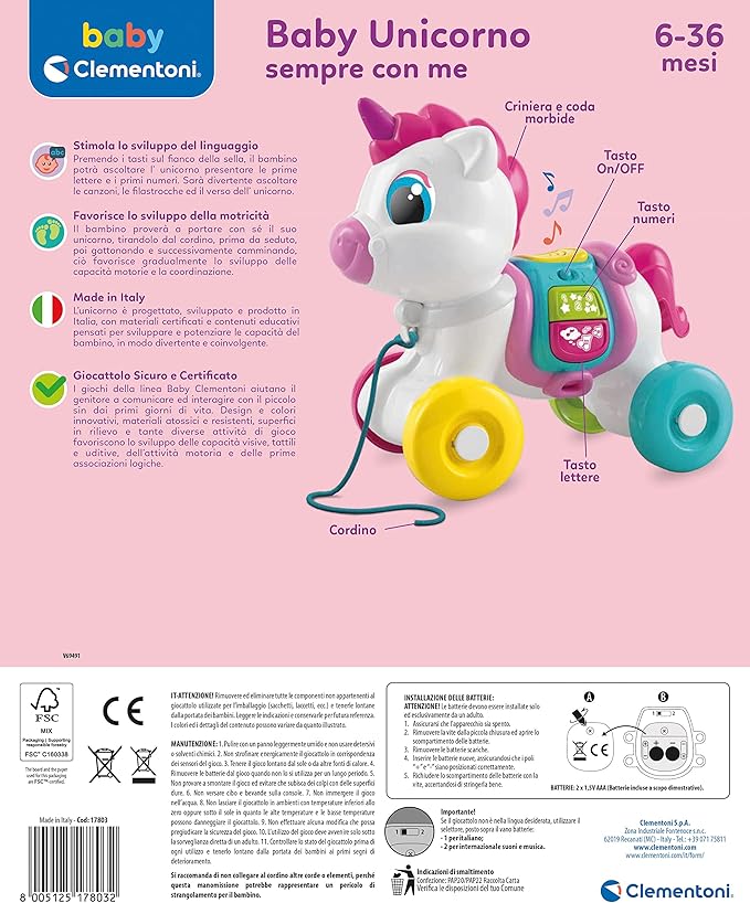 Clementoni - Baby Unicorn Always with Me Interactive Towing, Animal to Pull, Game for Motorability, First Steps, Learning to Walk, Children 6 Months-Made in Italy, Italian Colour, 17803