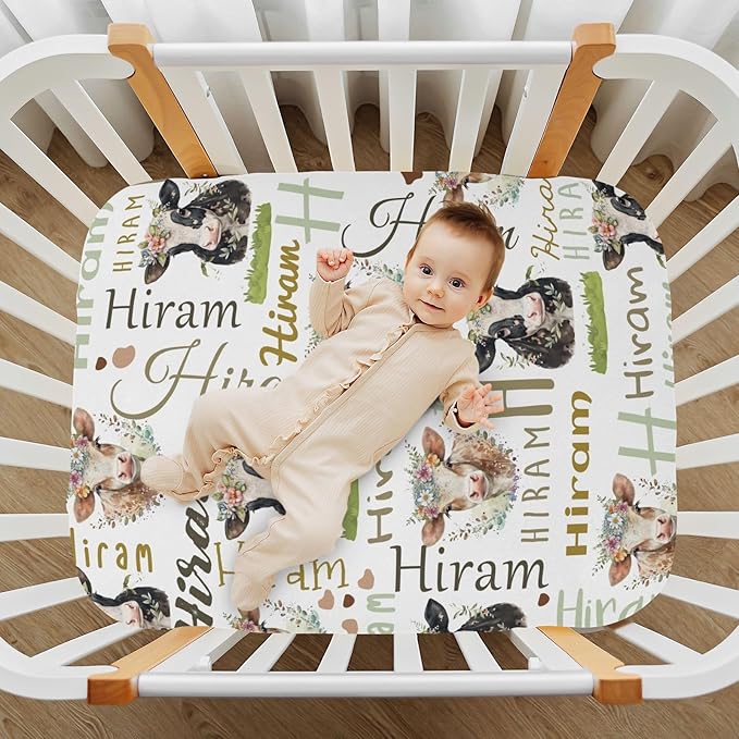 Personalized Cute Cow Pack N Play Sheets for Baby Girls Boys, Customized Mini Crib Sheets with Name, Stretchy Portable Playard Mattress Sheet Playpen Sheets, Gift for Newborn Infant