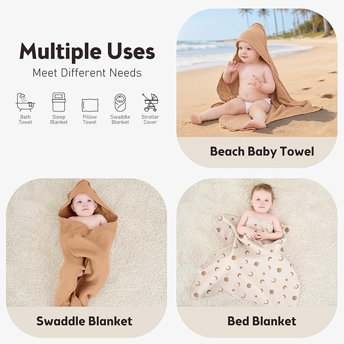 Susurration 2 Pack Thick Muslin Baby Towels, 100% Cotton Soft and Absorbent Baby Bath Hooded Towel for Newborn, Infant, Girls, Boys, Baby Essentials