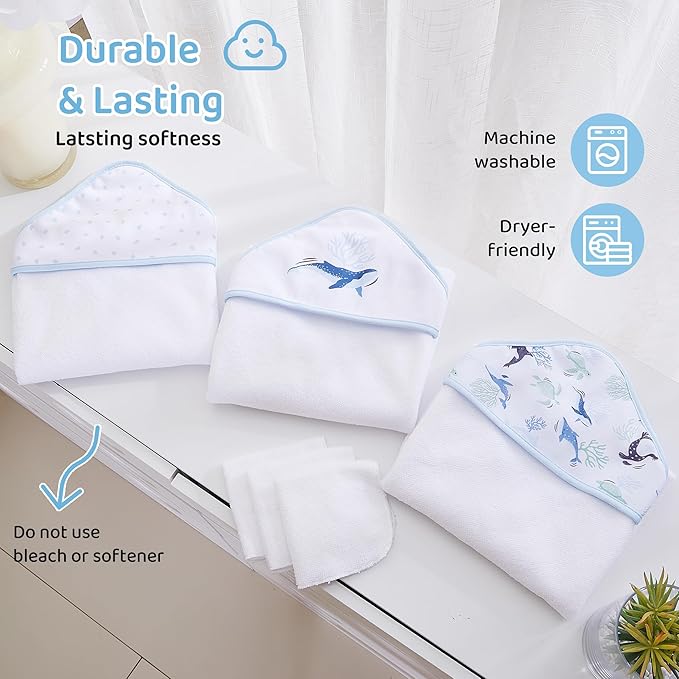 Mooreeke Baby Towel with Hood for Boys Blue Ocean Bath Towel for Babies Ultra Soft Absorbent 3 PCS Baby Towels and 3 PCS Washcloths for Newborn Essentials