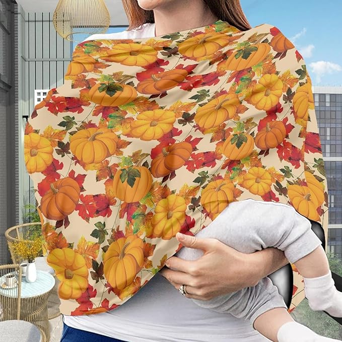 Coldinair Brown Pumpkin Print Nursing Cover for Breastfeeding Fall Thanksgiving Day Maple Leaf Multipurpose Carseat Canopy Covers Breathable Mother Breastfeeding Cover